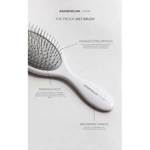 Luxury Wet Hair Brush ? Fine Stainless Steel Bristles & Ergonomic Handle by Addendum Hair ? Detangler Brush for All Hair Types ? Durable & Hygienic ? White
