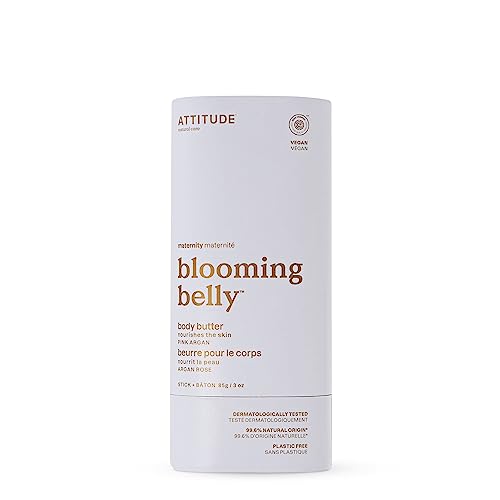 ATTITUDE Plastic-Free Body Butter Bar for Pregnant Dry and Stretched Skin, EWG Verified, Vegan and Cruelty-free Maternity Products, Pink Argan, 3 Ounces