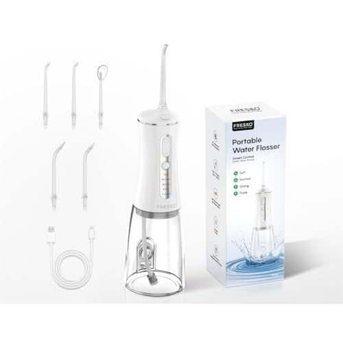 FRESKO Water Flosser with High Pulse & Constant Pressure Tech, Rechargable Oral Irrigator wih 10oz Water Tank, 50 Days Long-Lasting, IPX7, 4 Modes & 5 Tips for Travel