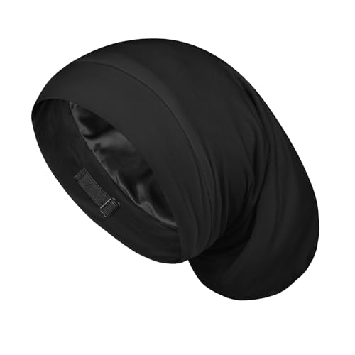 Large Satin Bonnet for Men Sleeping: Loc Cap Dreadlocks for Curly Braids Wave, Silky for Frizzy Hair Smooth, Adjustable No Slip Black