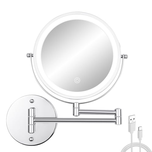 Wall Mounted Makeup Vanity Mirror with Lights, 8¡± Double Sided 1X/10X Wall Mount Magnifying Bathroom Shaving Mirror with 3 Color Lights, Rechargeable Touch Dimmable Extendable Cosmetic