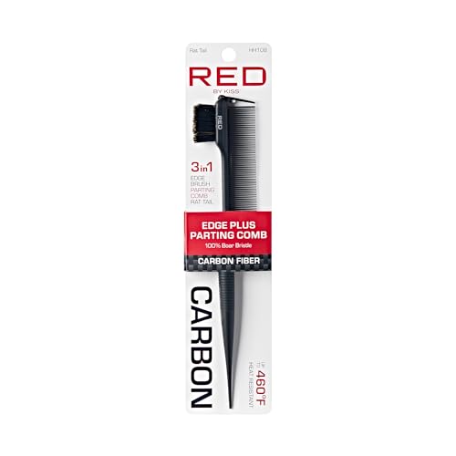 RED by Kiss Carbon Fiber Edge Brush + Parting Comb, 3 in 1 Styling Tool, High Heat Resistance, 100% Boar Bristles Hairbrush & Sectioning Tail, Comfort Grip for All Hair Types (Rat Tail)
