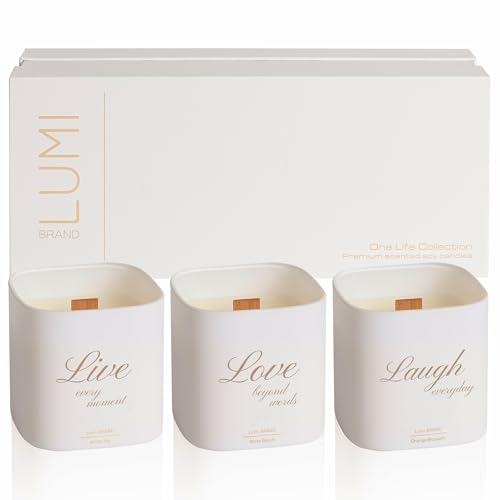 Set of 3 Scented Soy Candles Gift Set | One Life Collection | Orange Blossom, White Tea and White Bloom | Crackling Wood Wick | 50+ HR Burn, 9.8oz Each | Luxury Soy Candle Gift for Women & Home
