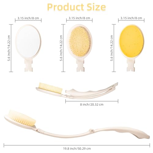 LFJ 19" Long Handle Shower Sponge Brush Set, 3 in 1 Body Brush, Bath Sponge and Lotion Applicator Improved Skin Health, Suitable for Men and Women (White Brush-1P)