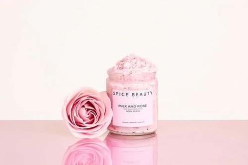 Spice Beauty Milk and Rose Body Scrub - In-Shower Moisturizer with Hydrating Coconut Oil, Calming Roses, Shea Butter - Gentle Body Exfoliation Skincare - 9 Oz