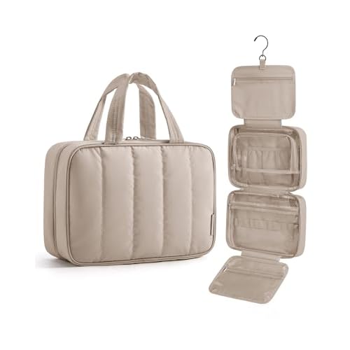BAGSMART Travel Toiletry Bag for women, Portable Hanging Hook Makeup Bag Organizer, Waterproof Makeup Cosmetic Bag, for Full-Size Accessories, Toiletries, Camel