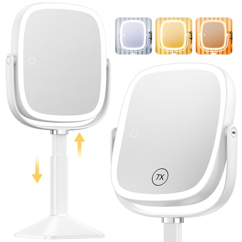 Gospire Rectangle Lighted Makeup Mirror with Lights and 1X/7X Magnifying Mirror, Height Adjustable and 4000mAh Rechargeable for Bedroom, 8.5¡±x7.4¡± Large Surface, Stepless Dimming - White