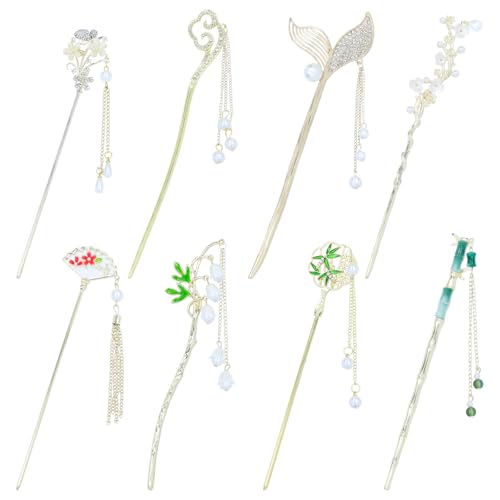 inSowni 8 Pieces Vintage Retro Asian Chinese Hanfu Gold Metal Hair Sticks Pins with Pearl Pendants Bamboo Leaf Flower Fishtail Hair Chopsticks Forks Bun Updo Holders Long Hairpins for Women Girls