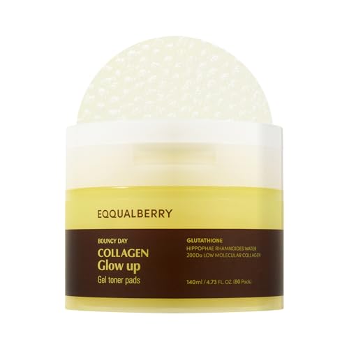 EQQUALBERRY Collagen Glow Up Gel Toner Pads ? Brightening Korean Jelly Pad with Deep Absorption Collagen, Hydrating & Glow-Boosting Formula, 4.73 FL.OZ. (140ml) / 60 Pads