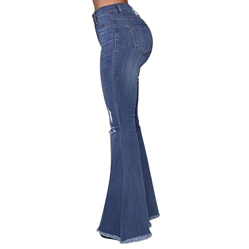 Women's Fashion Bell Bottom Pants High Waist Tassel Stretch Curvy Fit Jeans Blue