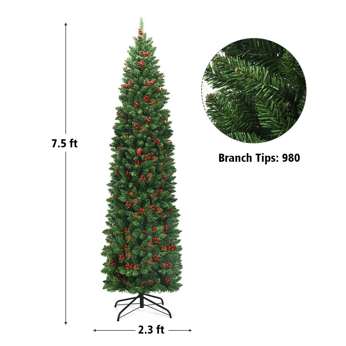 7.5 Ft Pre-Lit Slim Christmas Tree with Pine Cones & Red Berries