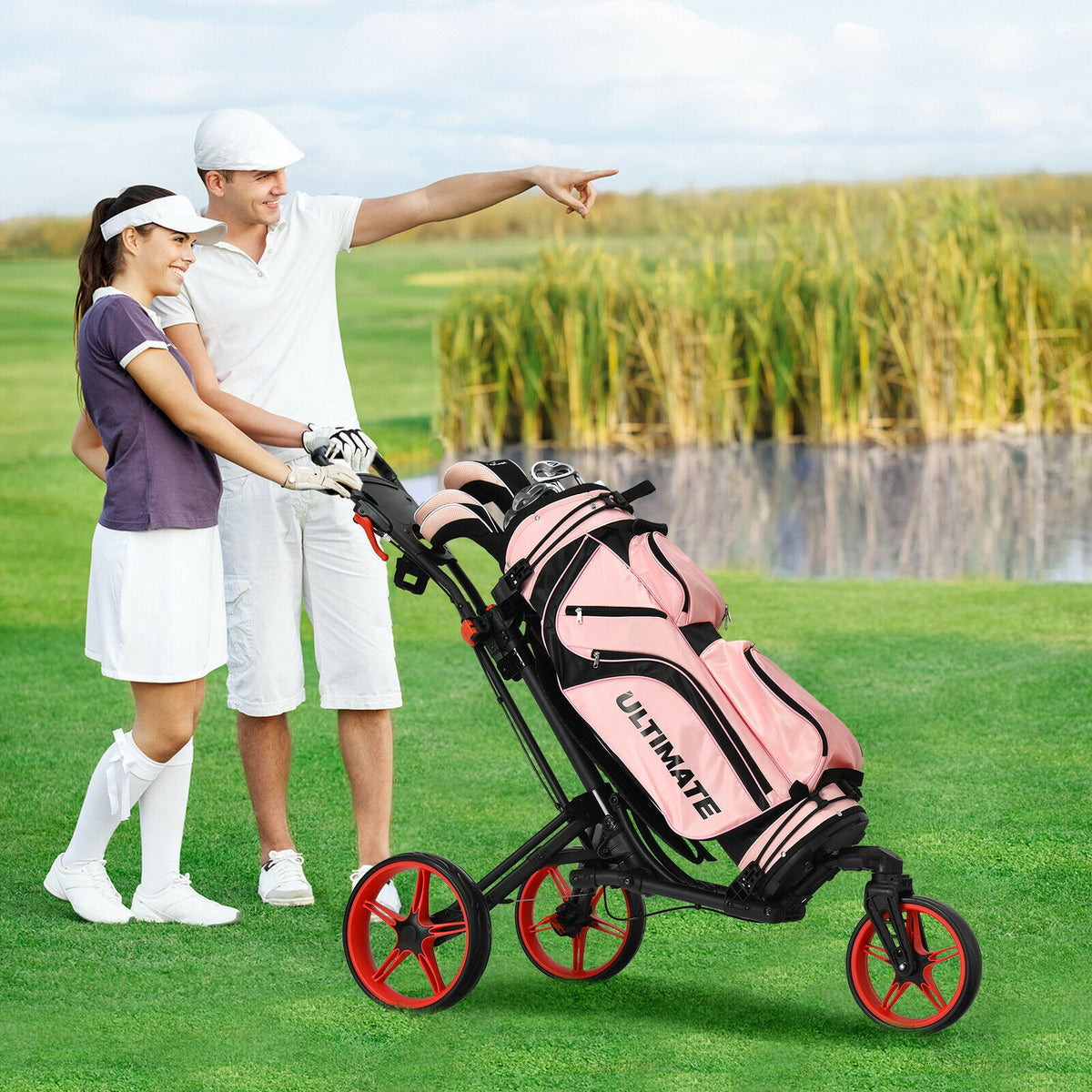 Red 3 Wheel Folding Golf Push Cart with Scoreboard & Adjustable Handle