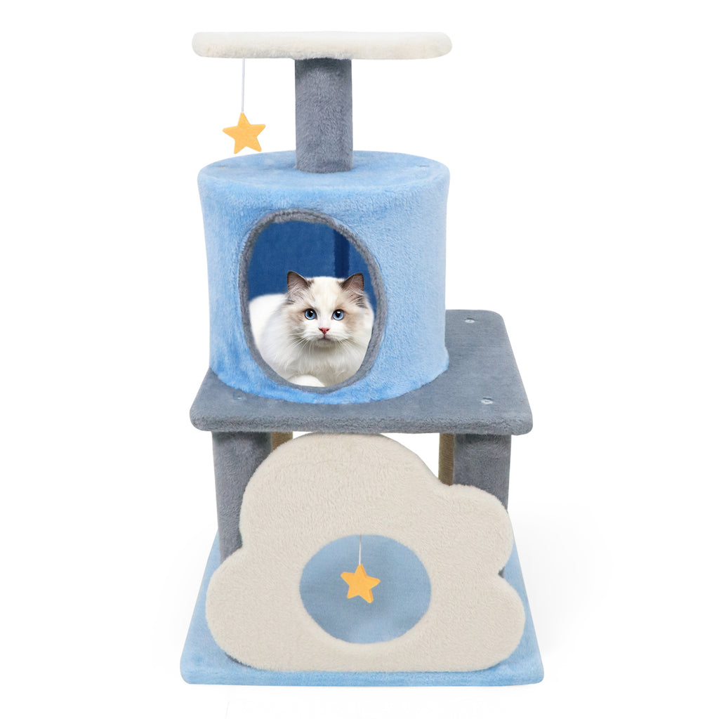 Cute 31.5-Inch Modern Cat Tree with Multi-Level Platforms and Moon-Shaped Perch - Blue Variation