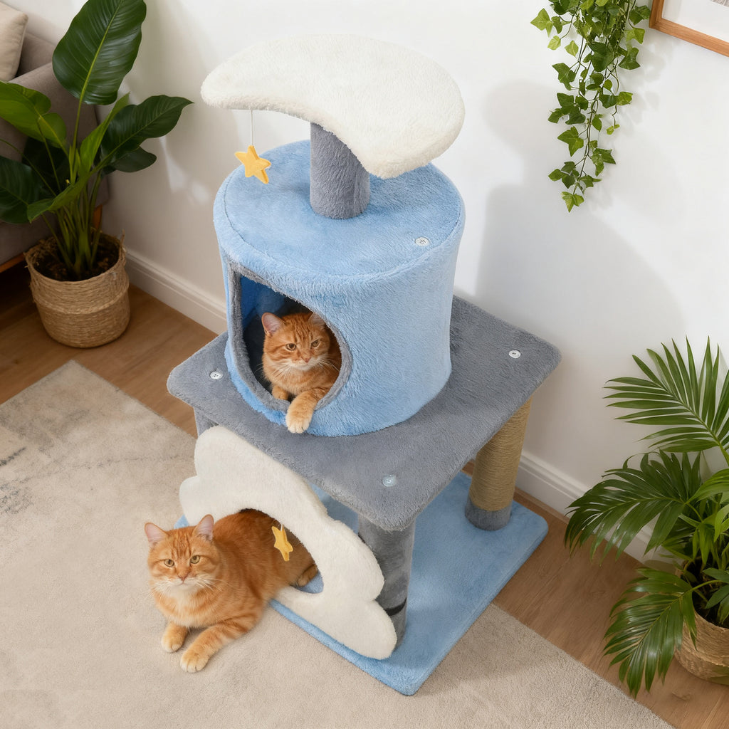Cute 31.5-Inch Modern Cat Tree with Multi-Level Platforms and Moon-Shaped Perch - Blue Variation