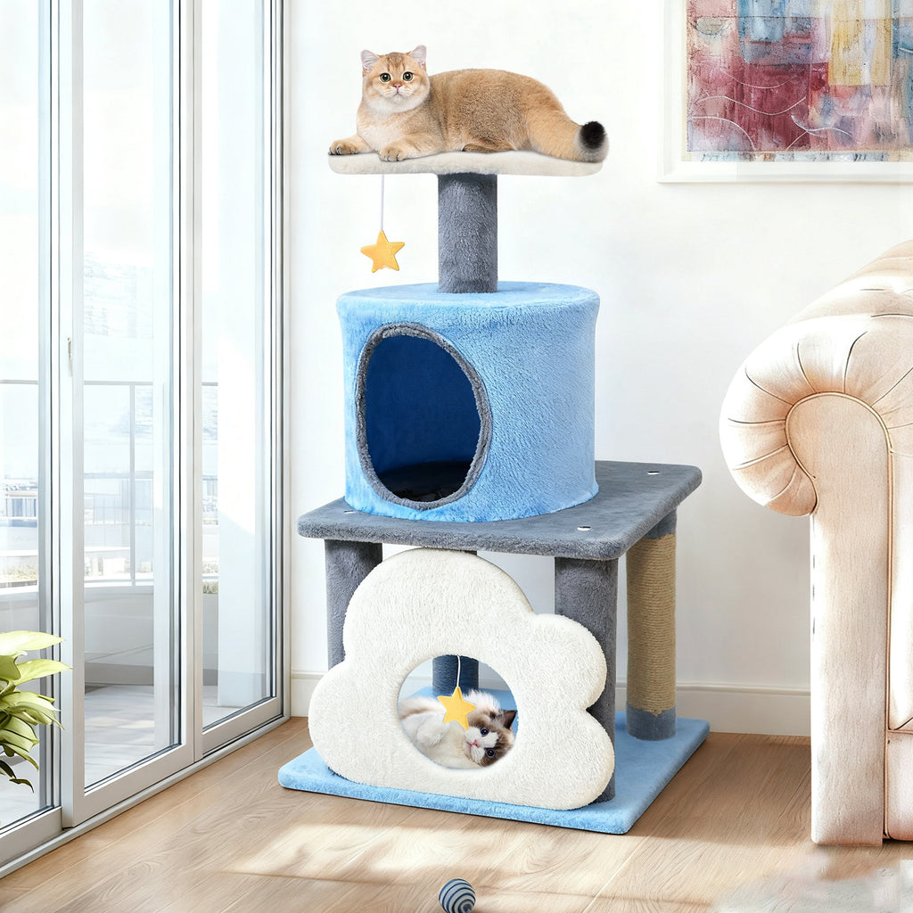 Cute 31.5-Inch Modern Cat Tree with Multi-Level Platforms and Moon-Shaped Perch - Blue Variation