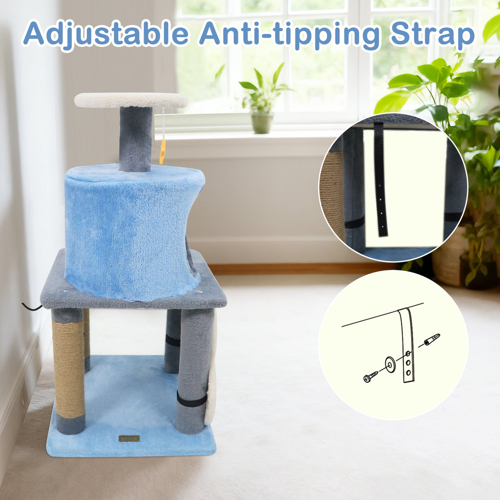 Cute 31.5-Inch Modern Cat Tree with Multi-Level Platforms and Moon-Shaped Perch - Blue Variation