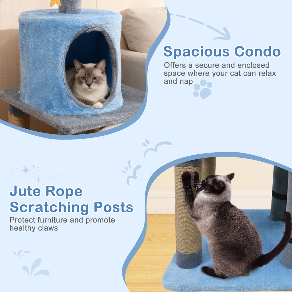 Cute 31.5-Inch Modern Cat Tree with Multi-Level Platforms and Moon-Shaped Perch - Blue Variation