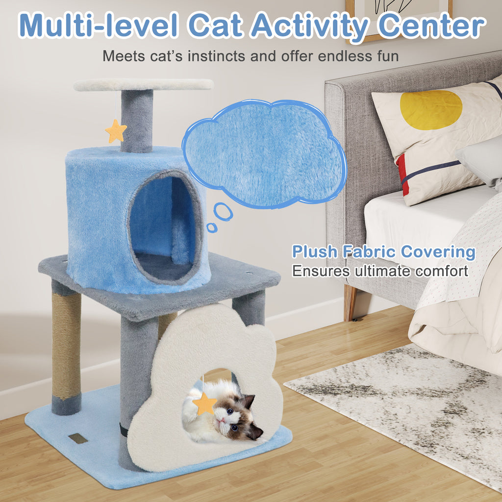 Cute 31.5-Inch Modern Cat Tree with Multi-Level Platforms and Moon-Shaped Perch - Blue Variation
