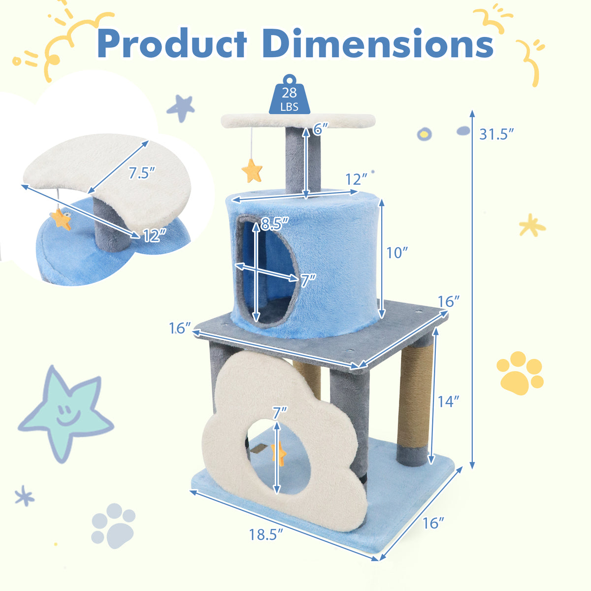 Cute 31.5-Inch Modern Cat Tree with Multi-Level Platforms and Moon-Shaped Perch - Blue Variation