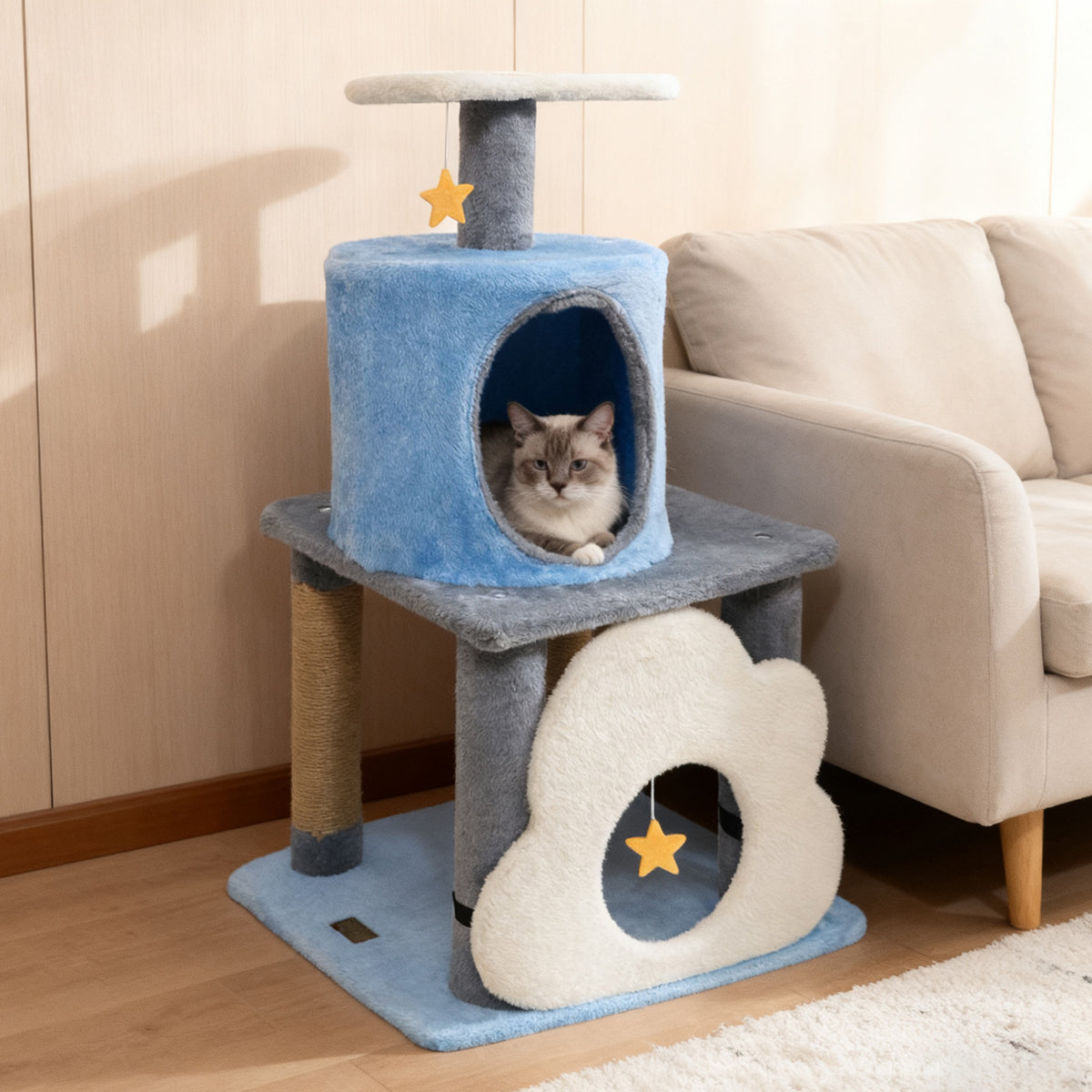 Cute 31.5-Inch Modern Cat Tree with Multi-Level Platforms and Moon-Shaped Perch - Blue Variation