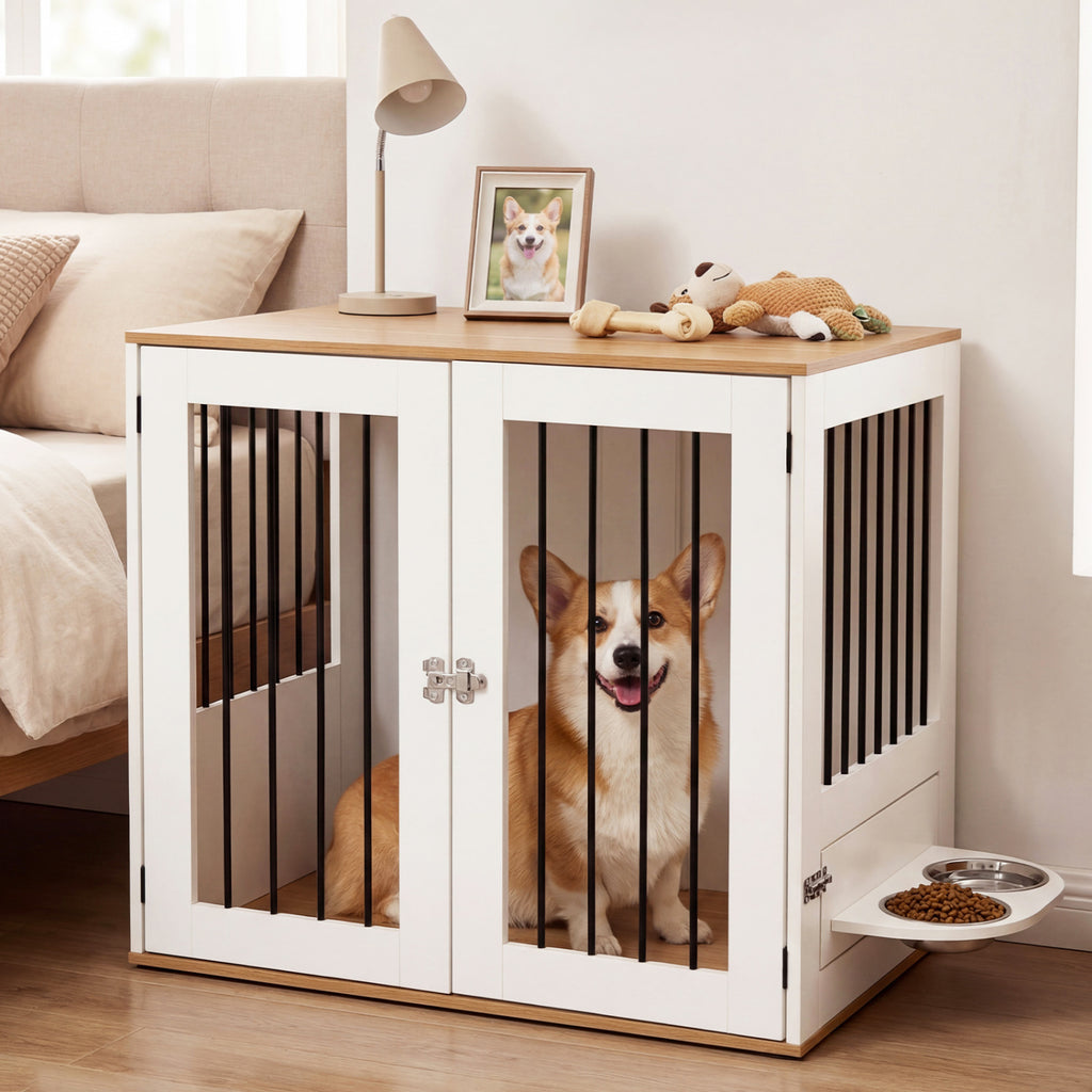 Wooden Dog Crate Furniture with Double Lock Doors & Swivel Feeding Holder - White