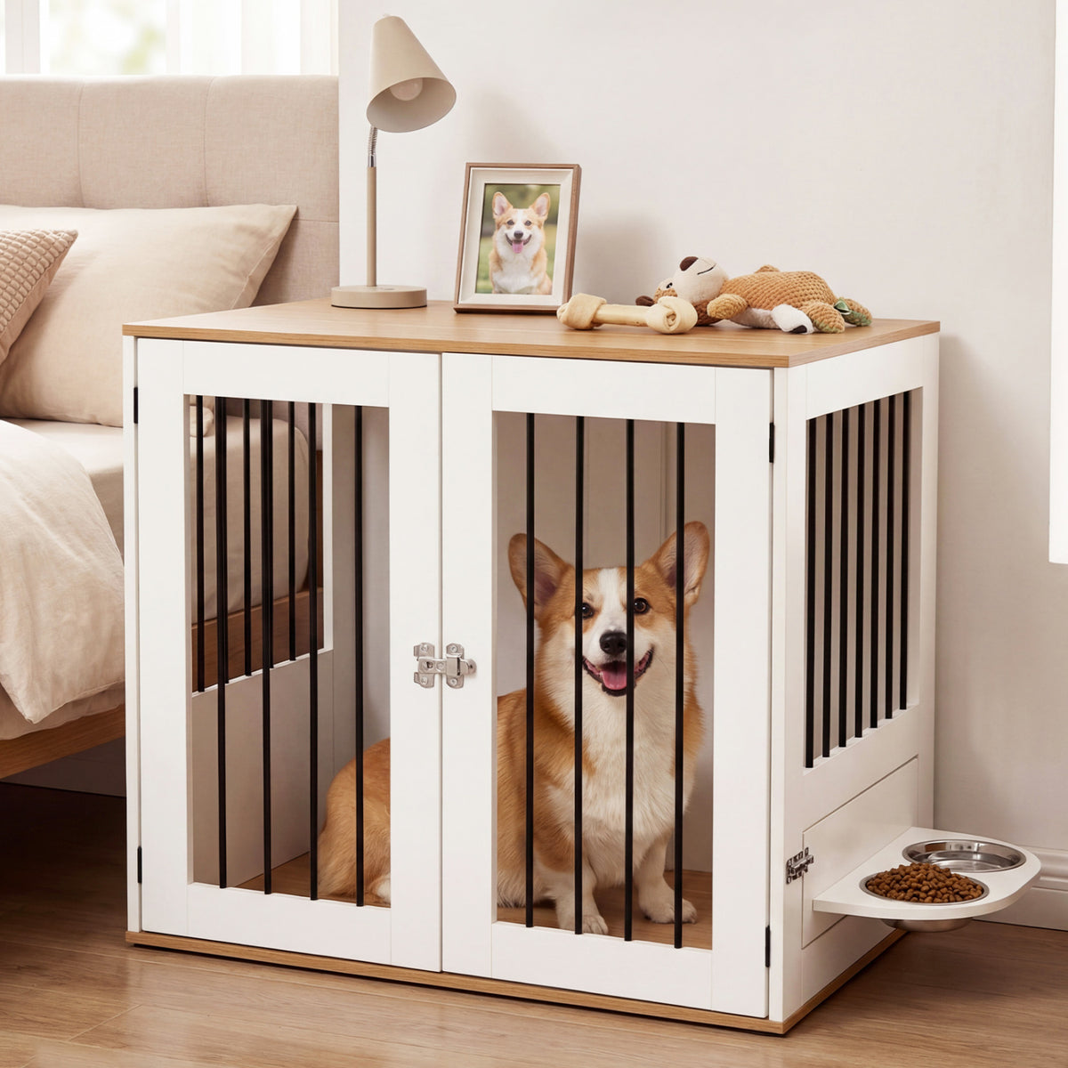 Wooden Dog Crate Furniture with Double Lock Doors & Swivel Feeding Holder - White