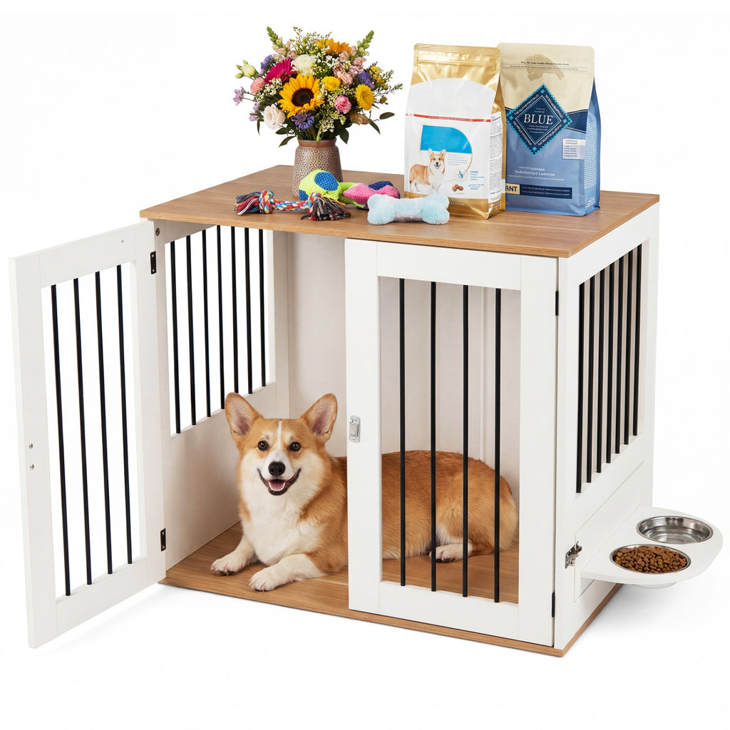 Wooden Dog Crate Furniture with Double Lock Doors & Swivel Feeding Holder - White