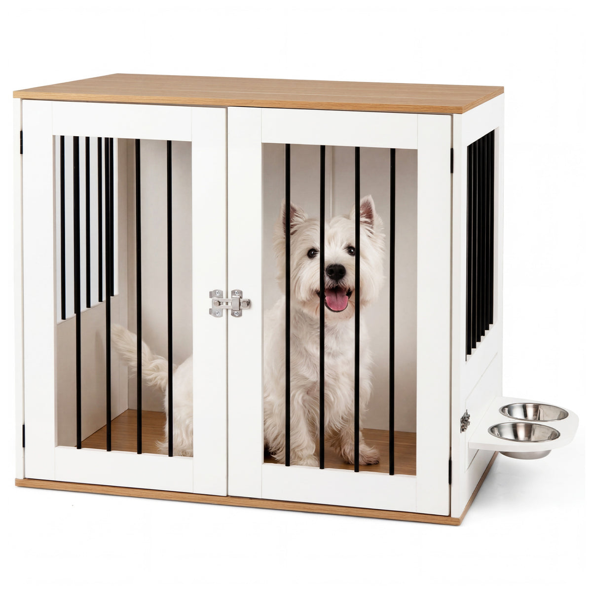 Wooden Dog Crate Furniture with Double Lock Doors & Swivel Feeding Holder - White