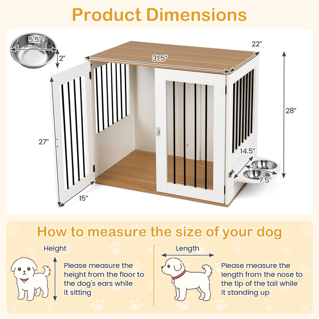 Wooden Dog Crate Furniture with Double Lock Doors & Swivel Feeding Holder - White