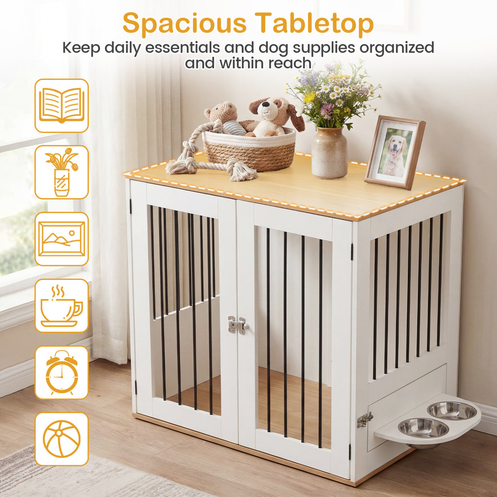Wooden Dog Crate Furniture with Double Lock Doors & Swivel Feeding Holder - White