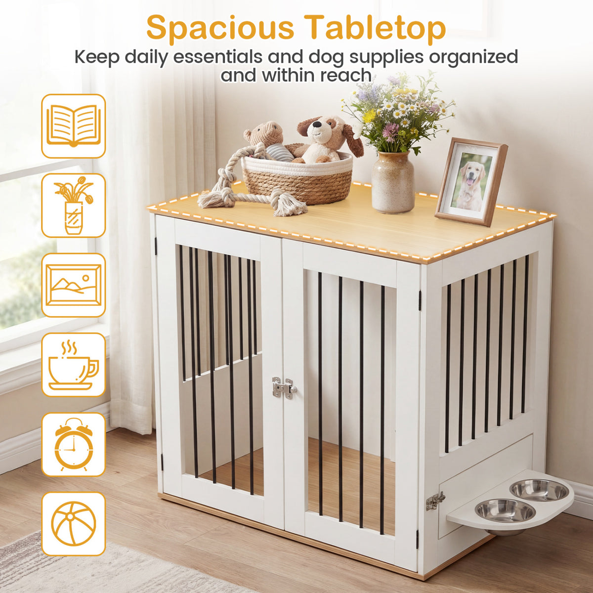 Wooden Dog Crate Furniture with Double Lock Doors & Swivel Feeding Holder - White