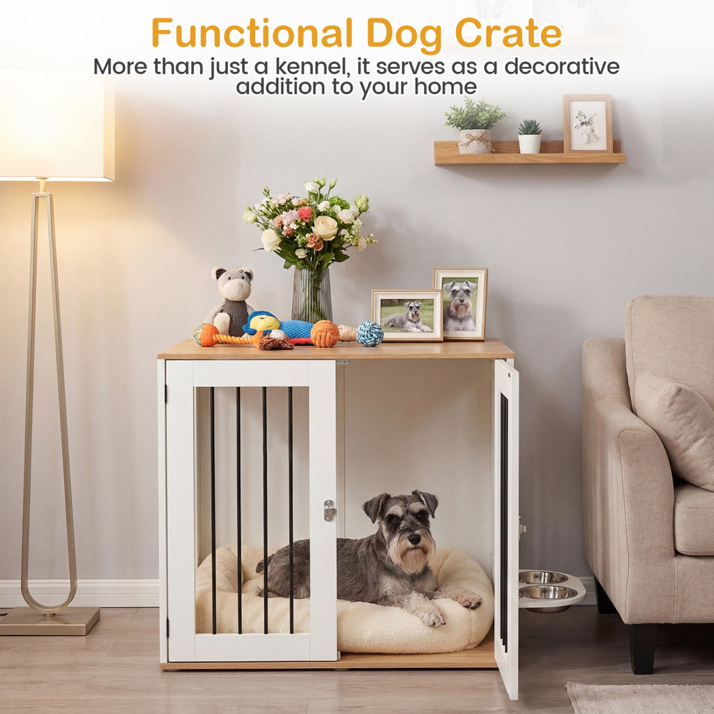 Wooden Dog Crate Furniture with Double Lock Doors & Swivel Feeding Holder - White