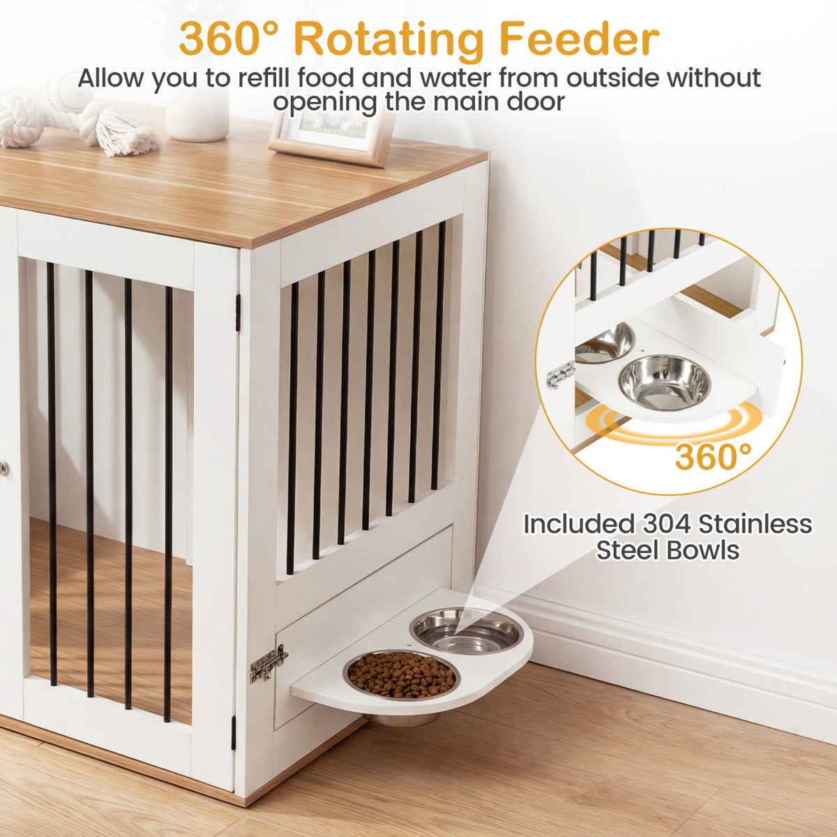 Wooden Dog Crate Furniture with Double Lock Doors & Swivel Feeding Holder - White