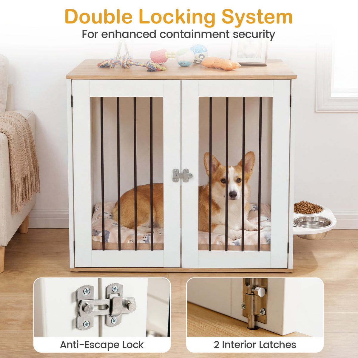 Wooden Dog Crate Furniture with Double Lock Doors & Swivel Feeding Holder - White