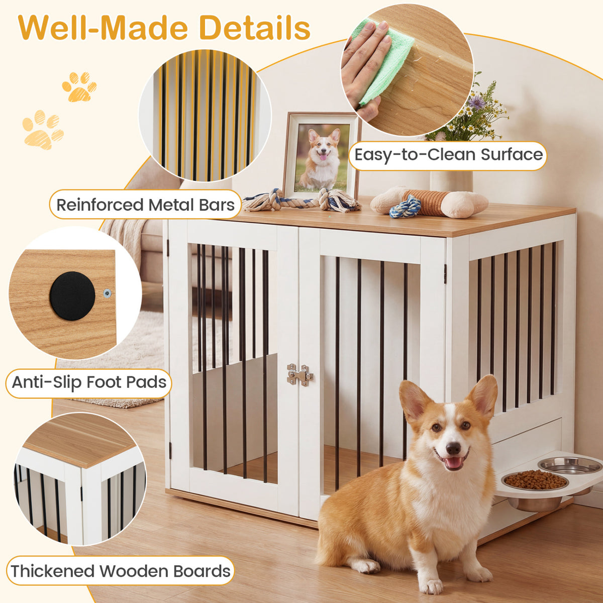 Wooden Dog Crate Furniture with Double Lock Doors & Swivel Feeding Holder - White