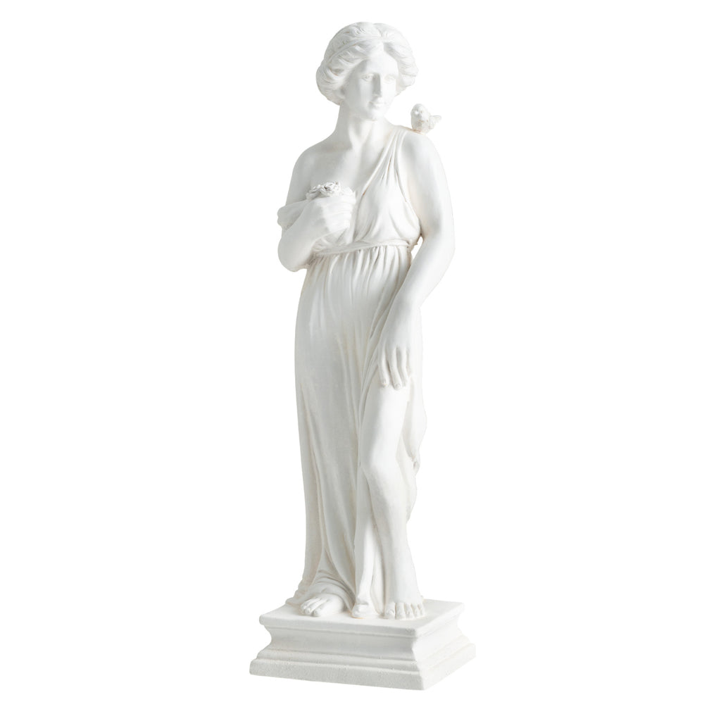 Outdoor Greek Goddess Statue with Bird, White - 31.5 Inch Garden Decor & Column Base - Weatherproof Sculptures