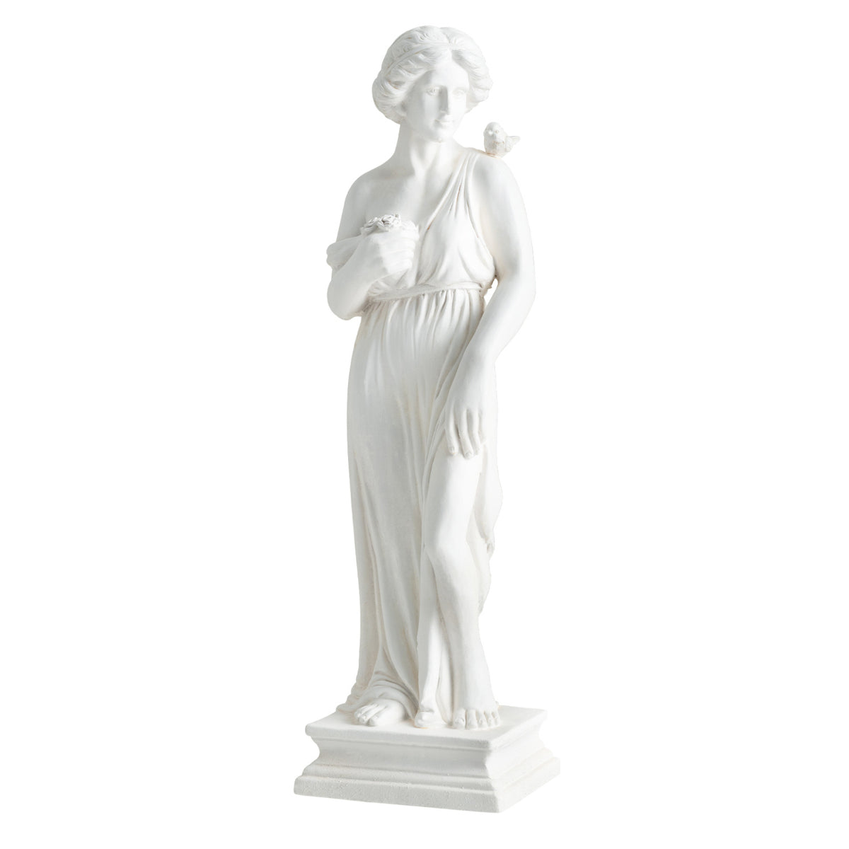 Outdoor Greek Goddess Statue with Bird, White - 31.5 Inch Garden Decor & Column Base - Weatherproof Sculptures