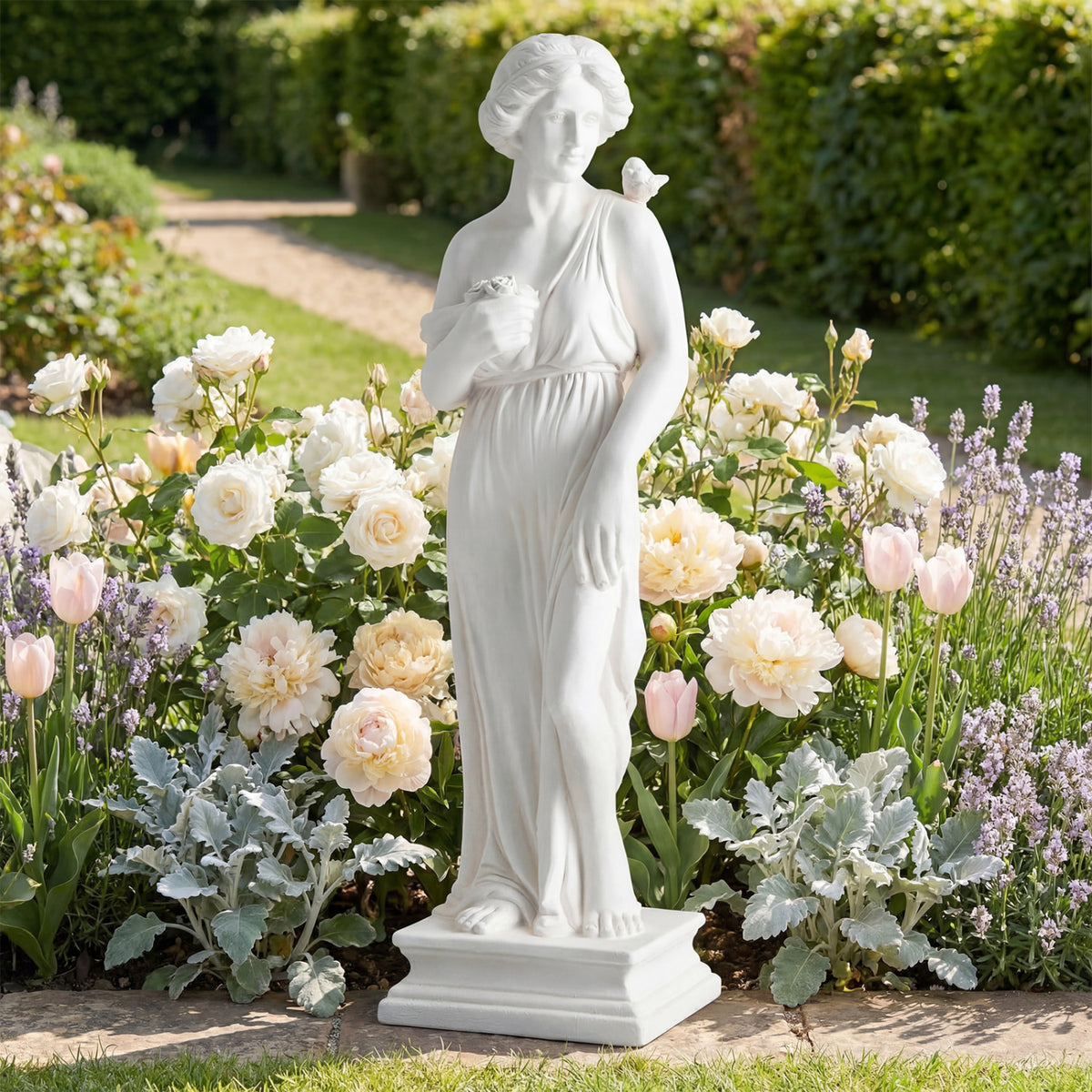 Outdoor Greek Goddess Statue with Bird, White - 31.5 Inch Garden Decor & Column Base - Weatherproof Sculptures