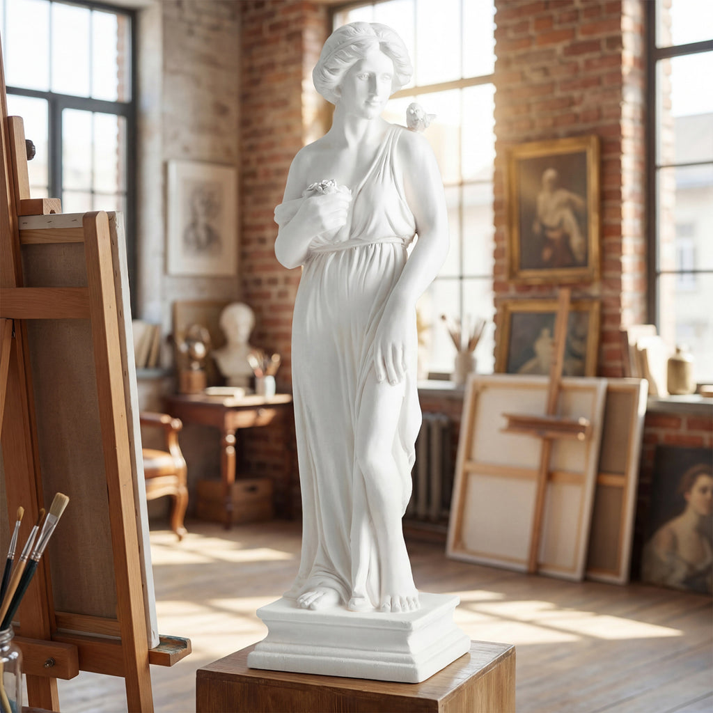 Outdoor Greek Goddess Statue with Bird, White - 31.5 Inch Garden Decor & Column Base - Weatherproof Sculptures