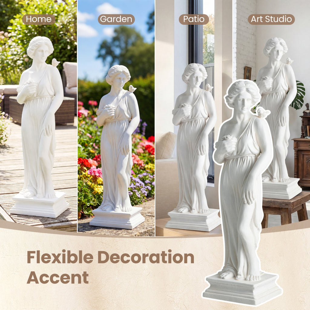 Outdoor Greek Goddess Statue with Bird, White - 31.5 Inch Garden Decor & Column Base - Weatherproof Sculptures