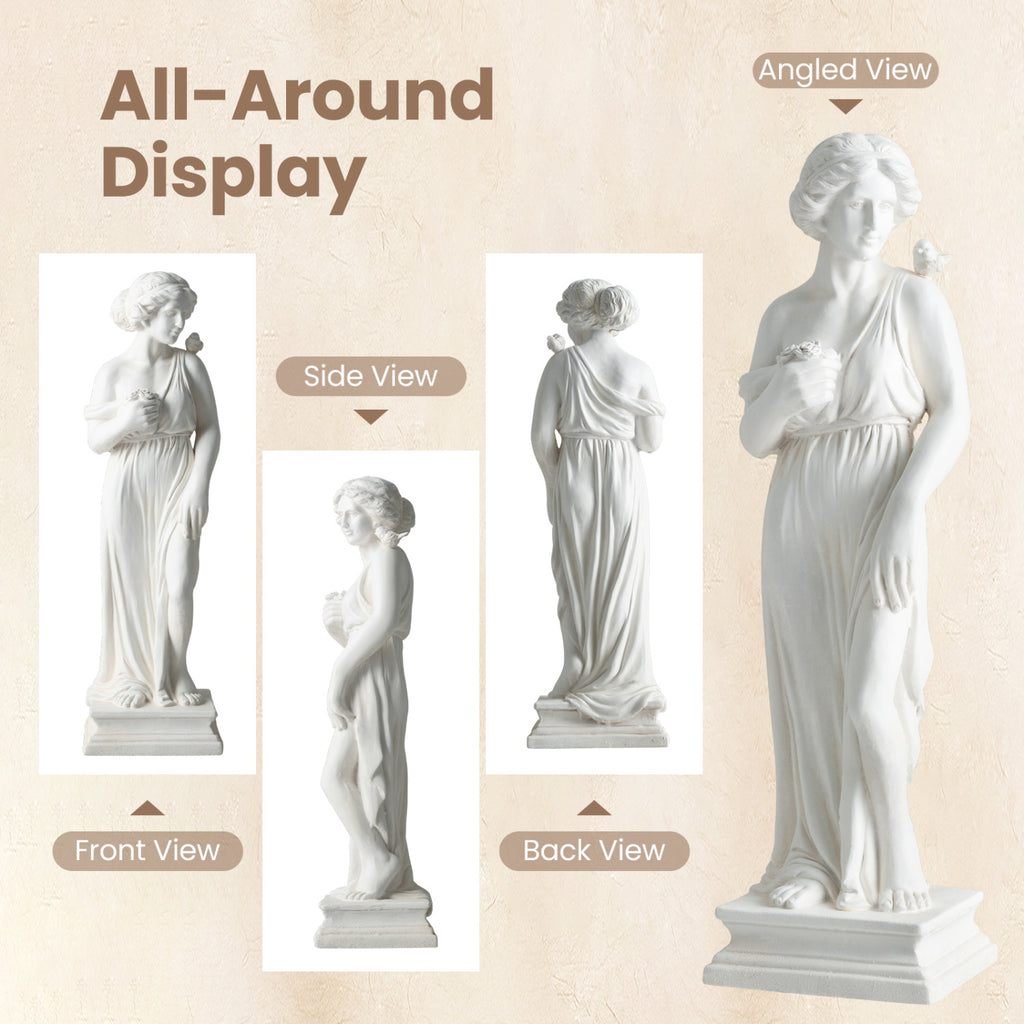 Outdoor Greek Goddess Statue with Bird, White - 31.5 Inch Garden Decor & Column Base - Weatherproof Sculptures