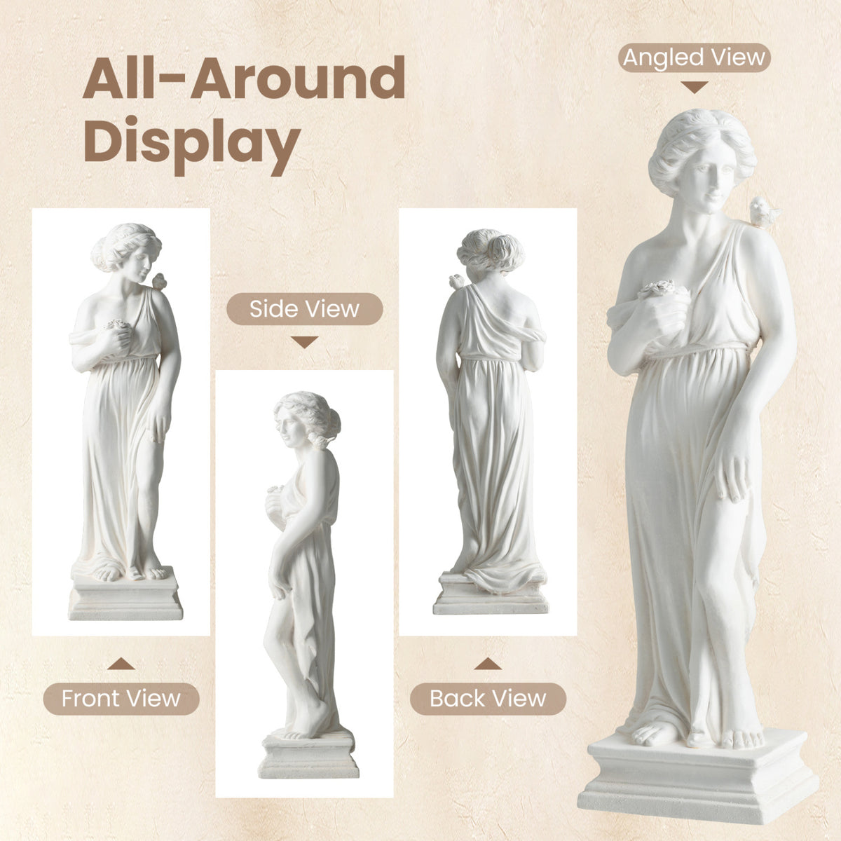 Outdoor Greek Goddess Statue with Bird, White - 31.5 Inch Garden Decor & Column Base - Weatherproof Sculptures