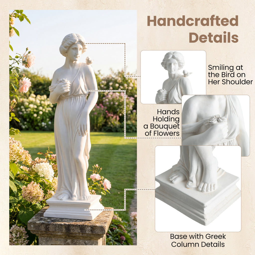 Outdoor Greek Goddess Statue with Bird, White - 31.5 Inch Garden Decor & Column Base - Weatherproof Sculptures