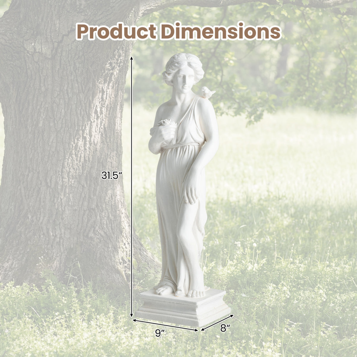 Outdoor Greek Goddess Statue with Bird, White - 31.5 Inch Garden Decor & Column Base - Weatherproof Sculptures