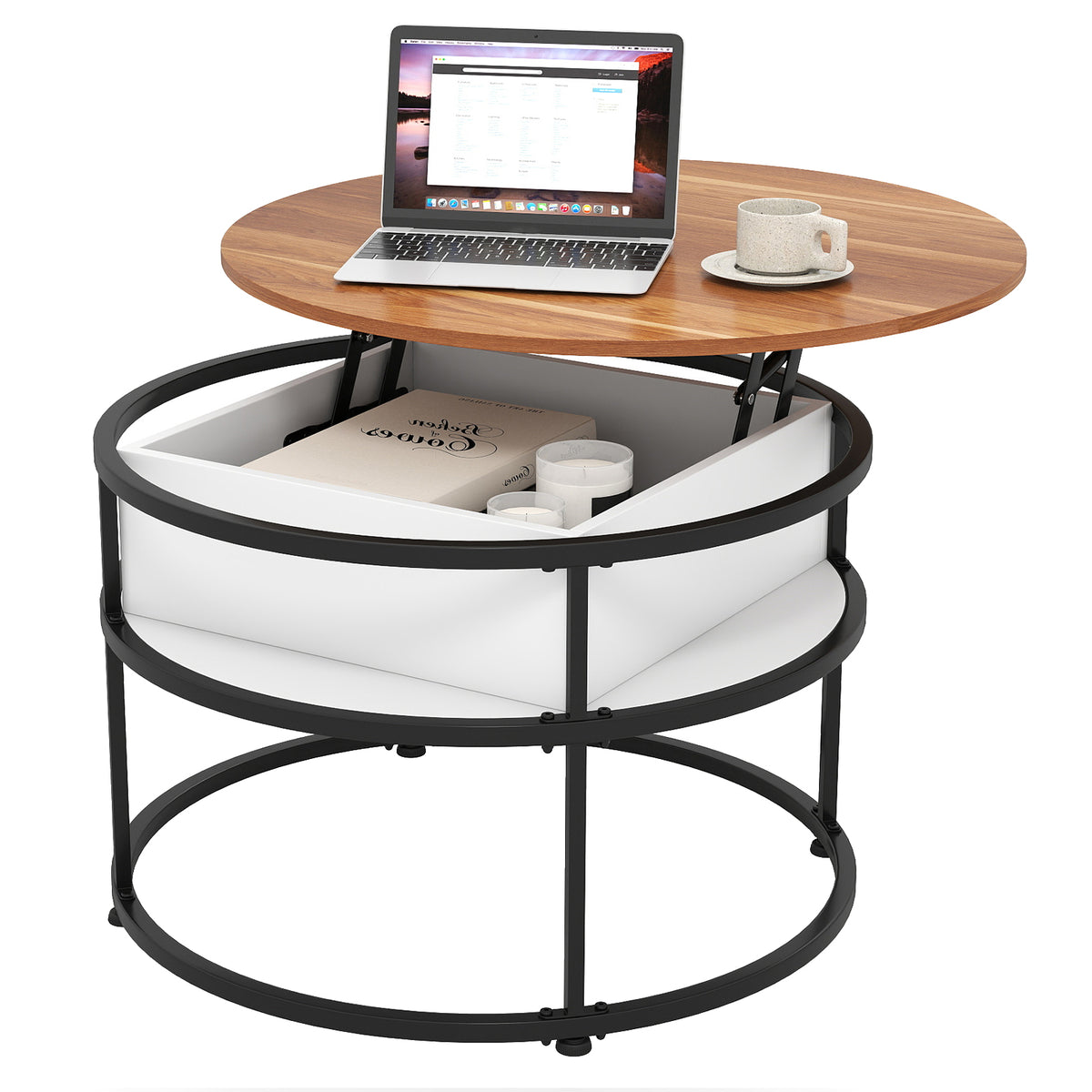 31.5 Inch Round Lift Top Coffee Table with Hidden Compartment - Teak