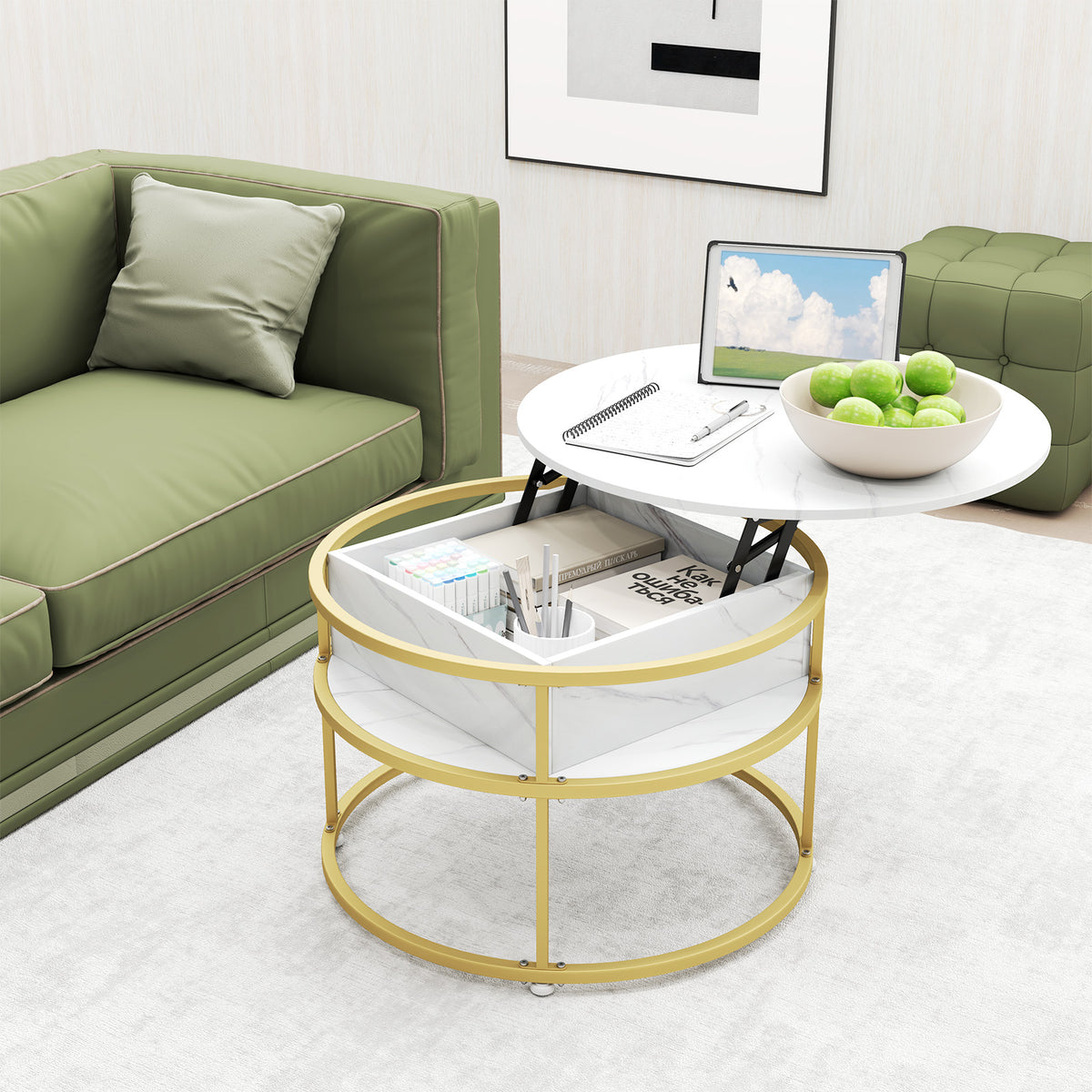 31.5 Inch Round Lift Top Coffee Table with Hidden Compartment - Teak
