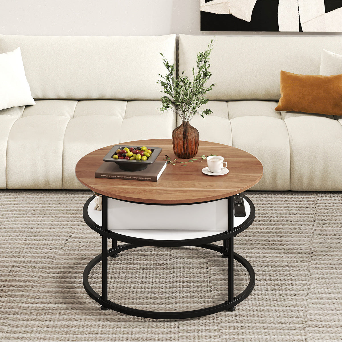 31.5 Inch Round Lift Top Coffee Table with Hidden Compartment - Teak