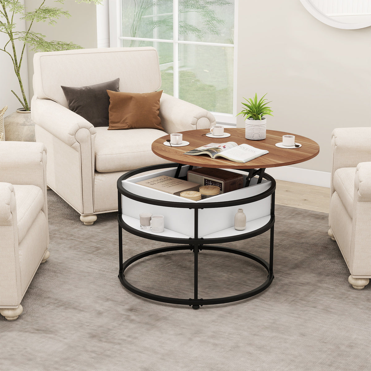 31.5 Inch Round Lift Top Coffee Table with Hidden Compartment - Teak