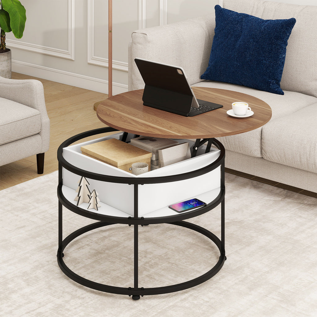 31.5 Inch Round Lift Top Coffee Table with Hidden Compartment - Teak