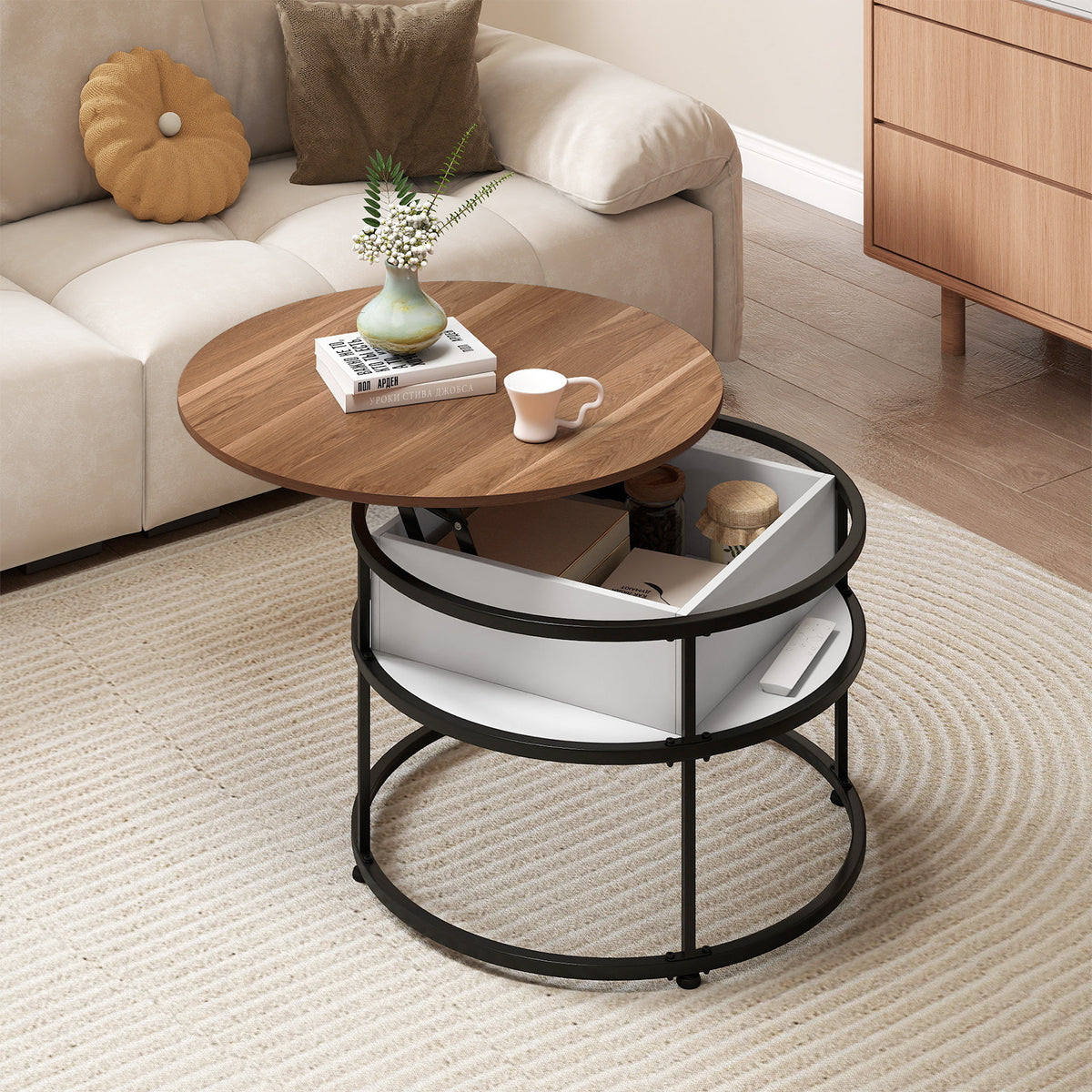 31.5 Inch Round Lift Top Coffee Table with Hidden Compartment - Teak